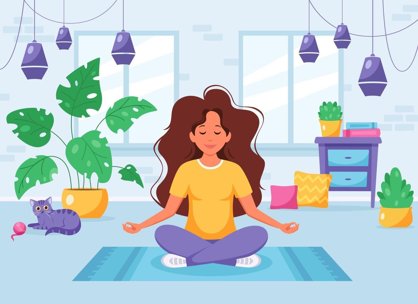 Mujer meditando en posición de loto en un acogedor interior moderno vector