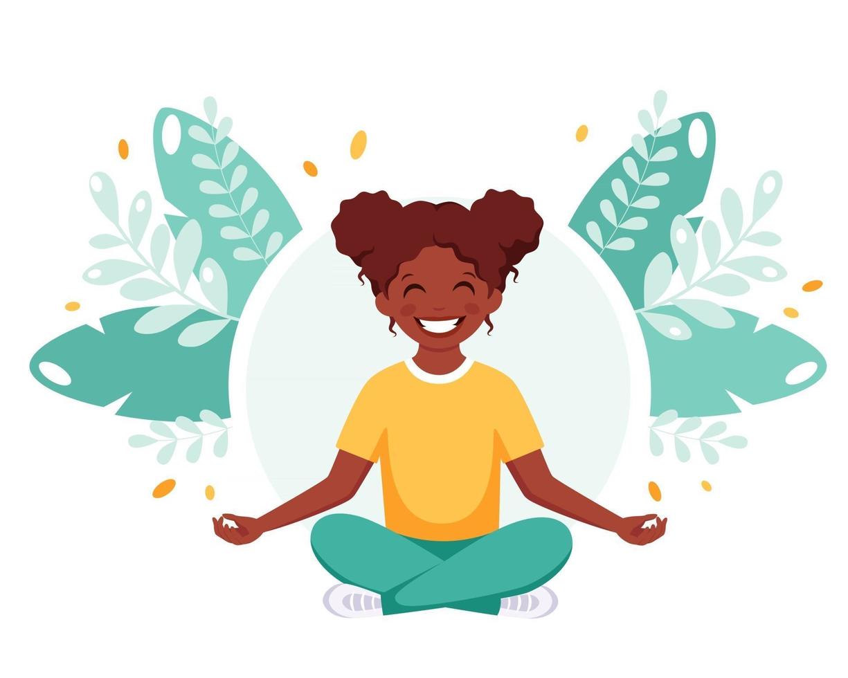 chica afroamericana meditando en posición de loto. gimnasia, meditación para niños. vector