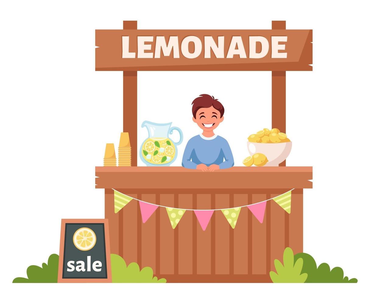 Boy selling cold lemonade in lemonade stand. Summer cold drink. vector