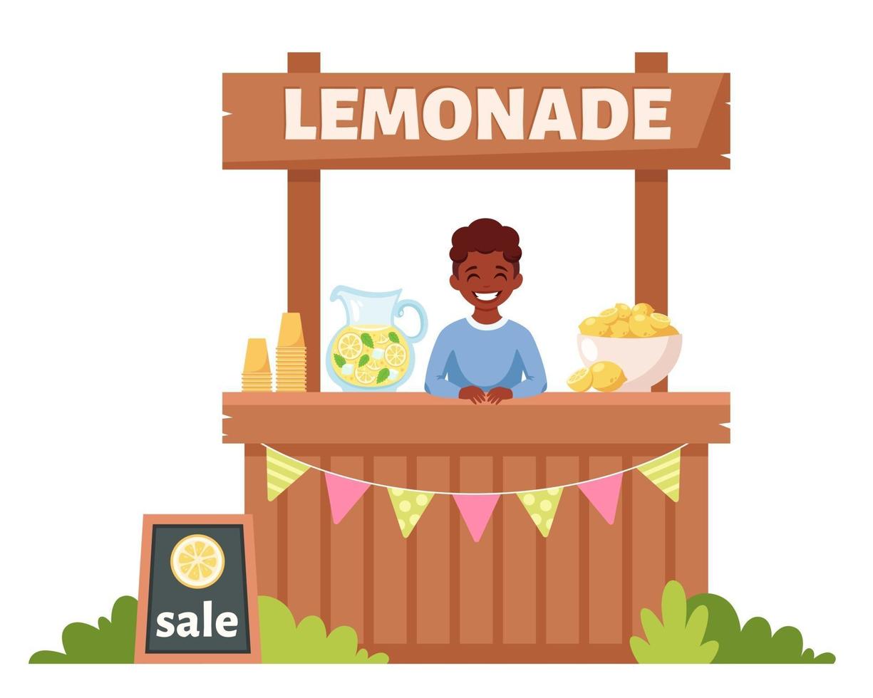African american boy selling cold lemonade in lemonade stand. Summer cold drink. vector
