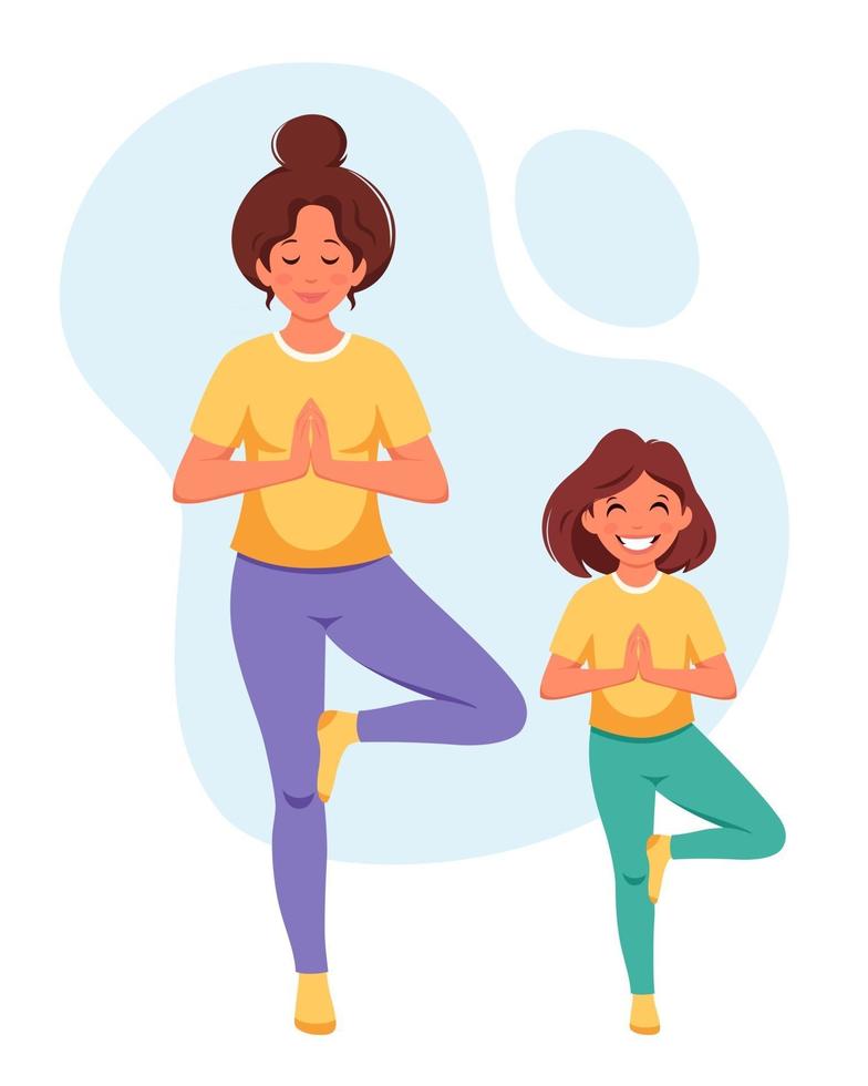 Woman doing yoga with daughter. Family spending time together. vector