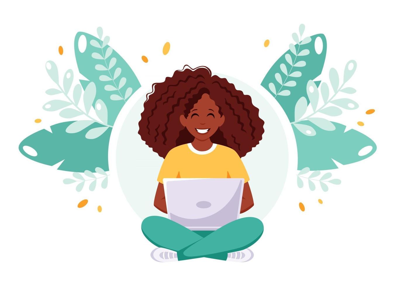 Black woman working on laptop. Freelance, online studying, remote work. vector