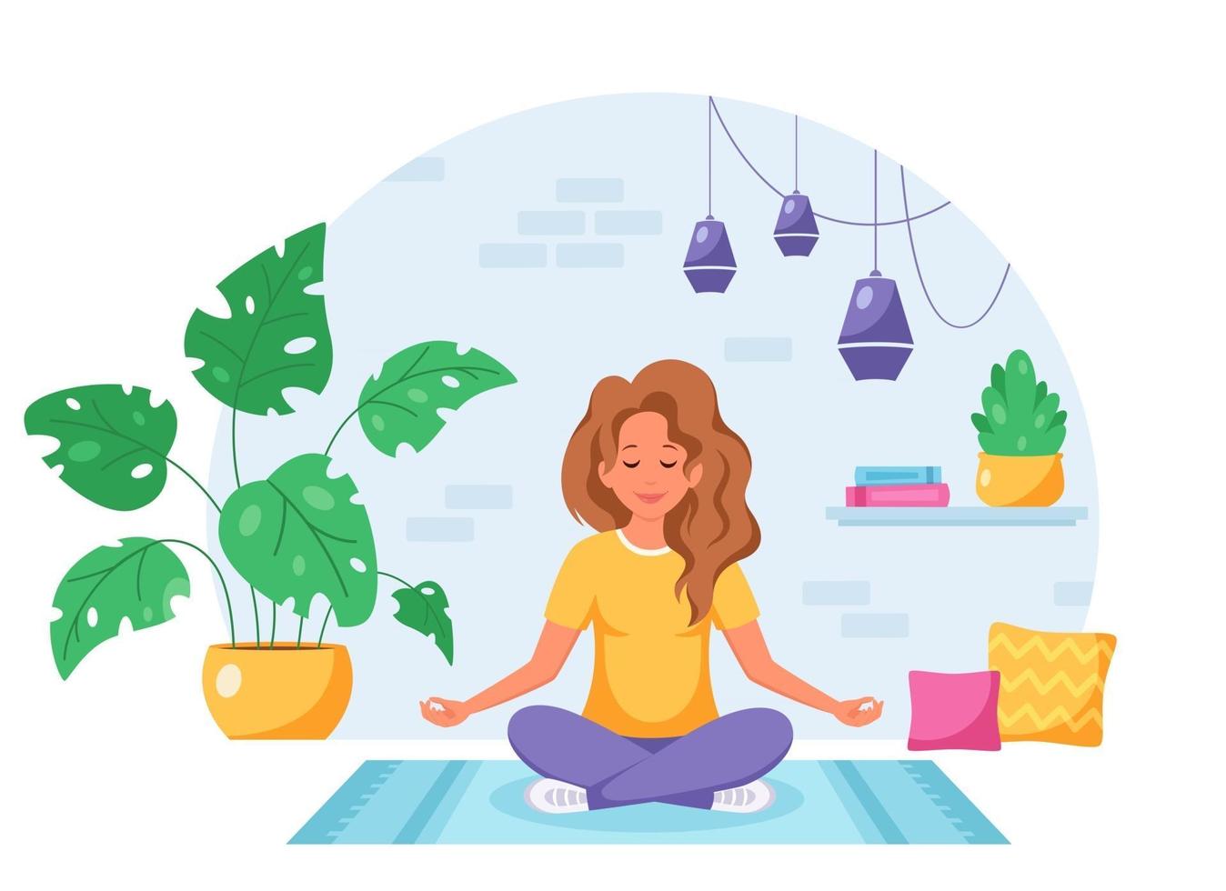 Woman meditating in lotus pose in cozy modern interior. Home activity. vector