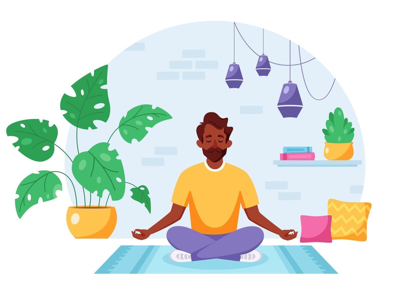 hombre negro meditando en posición de loto en un acogedor interior moderno. estilo de vida saludable vector