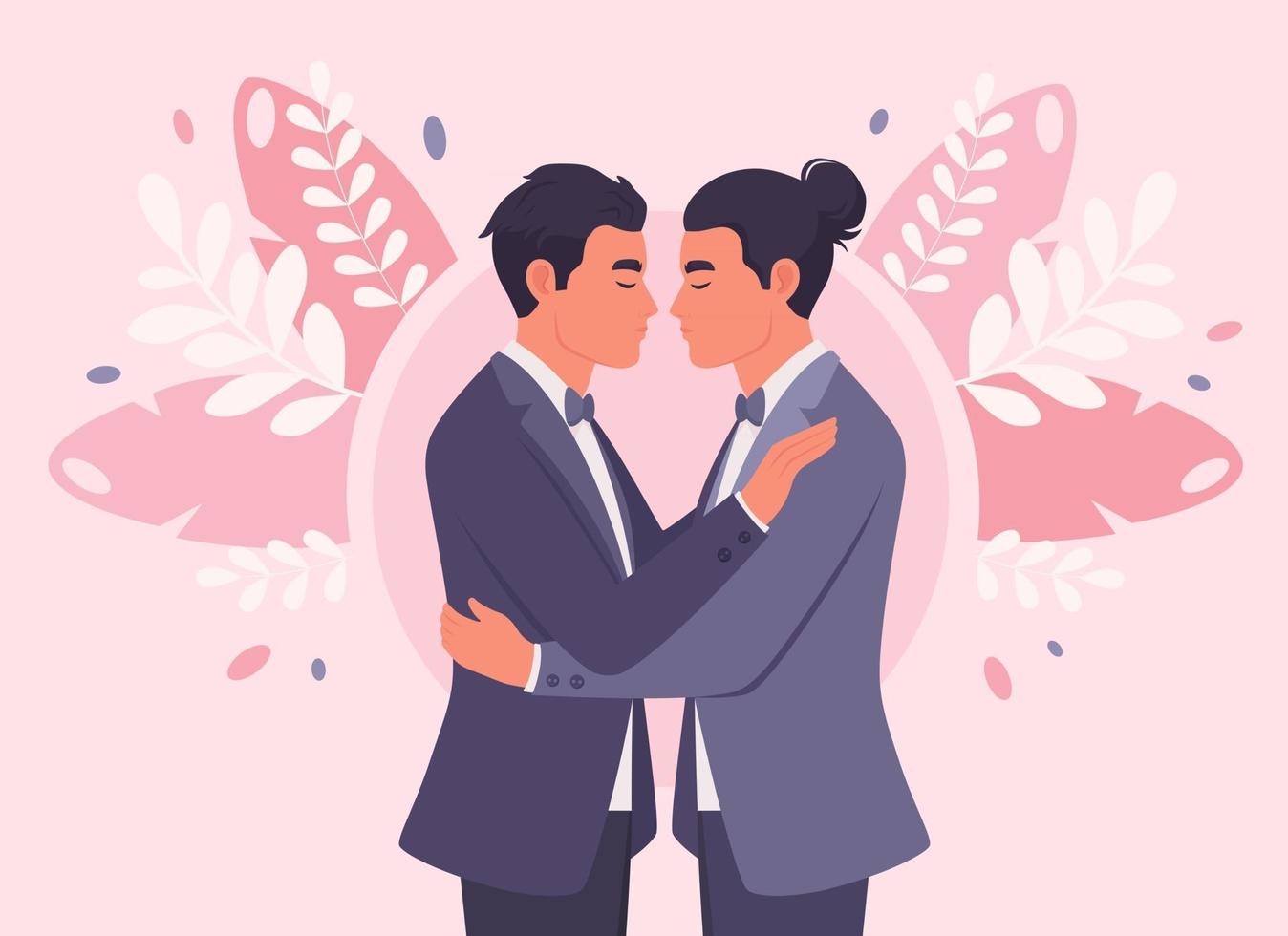 pareja gay que se casa. boda lgbt. dos hombres abrazándose. vector