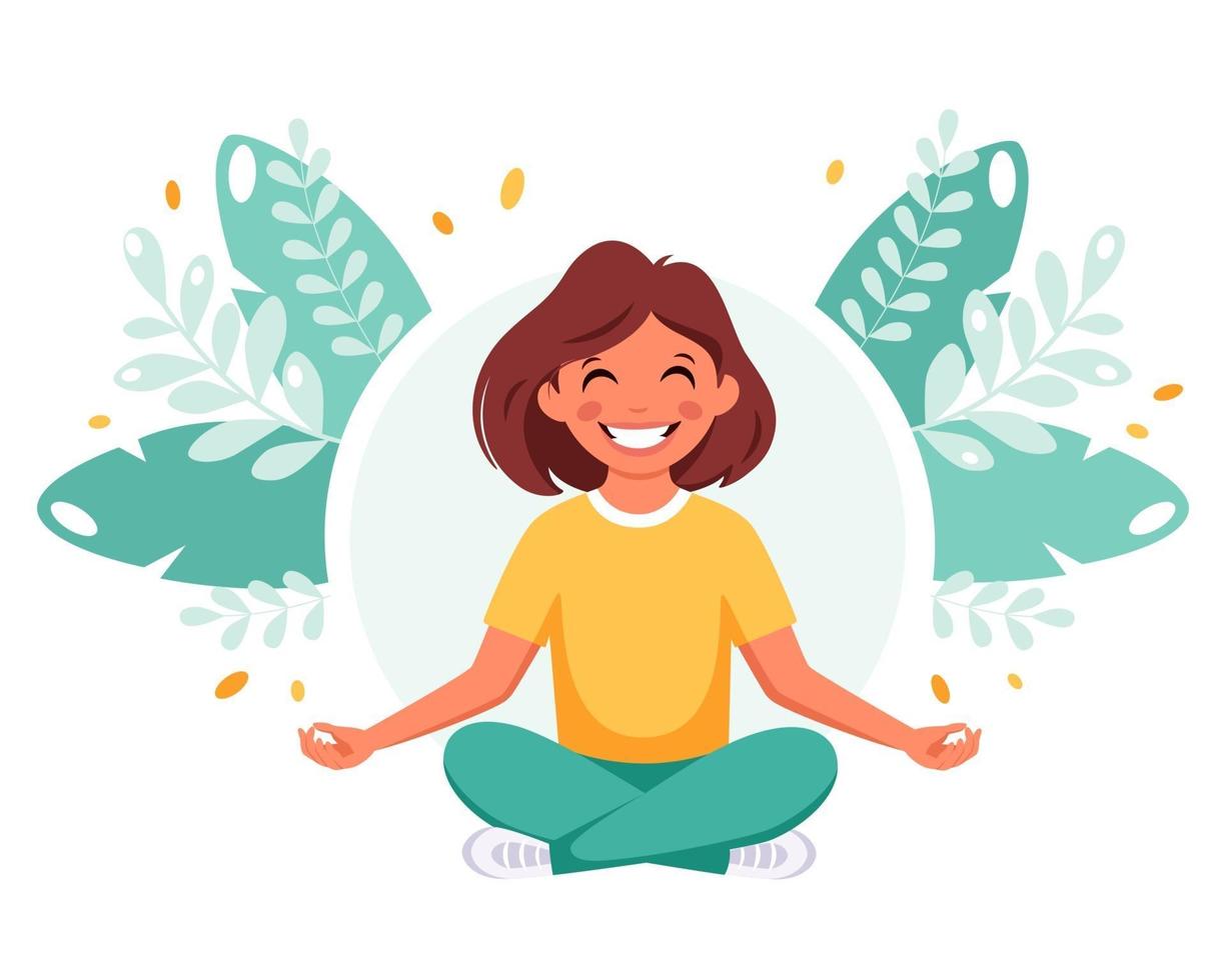 niña meditando en posición de loto. gimnasia, meditación para niños. vector