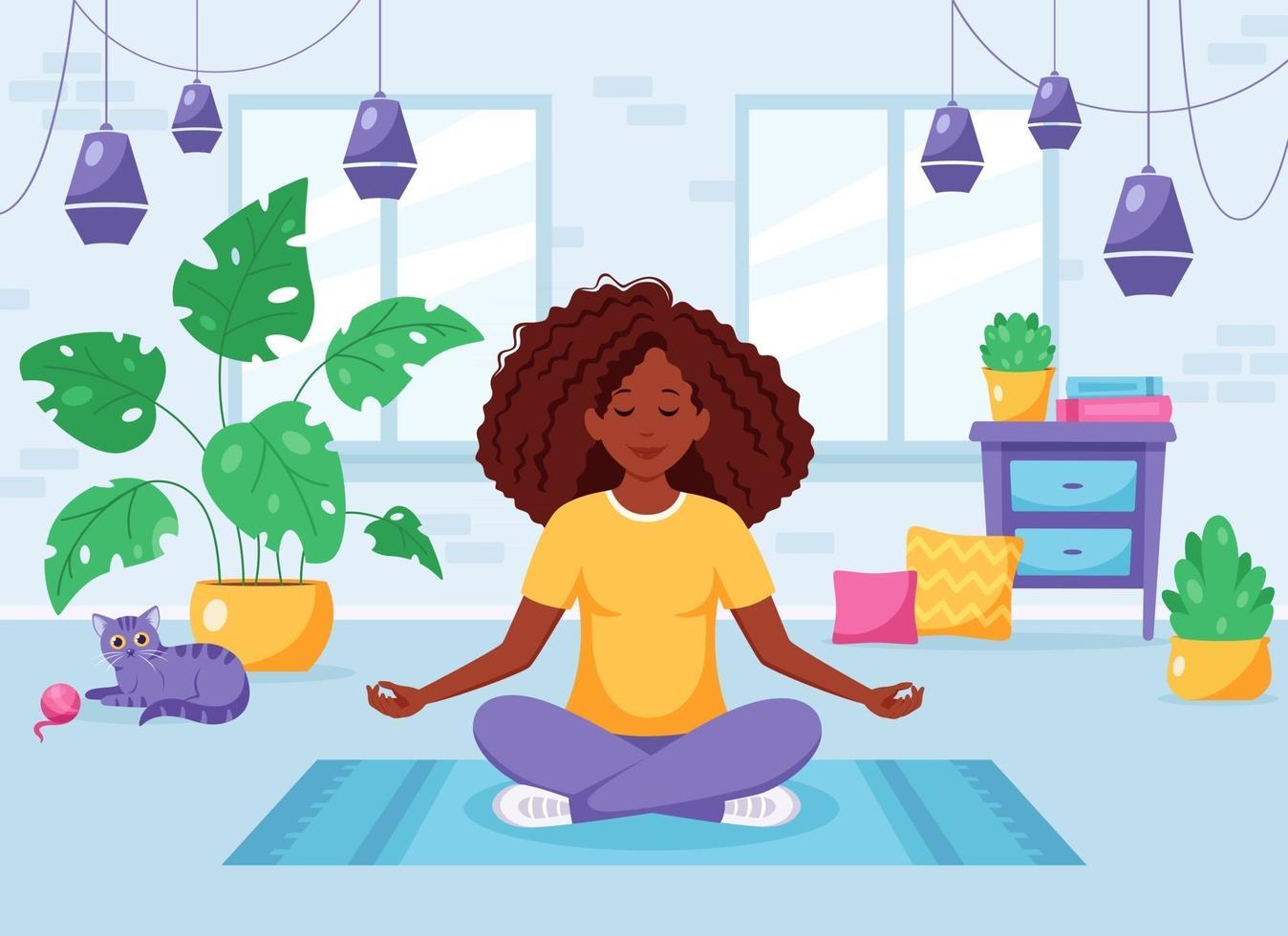 Afroamericana meditando en posición de loto en un acogedor interior moderno. vector