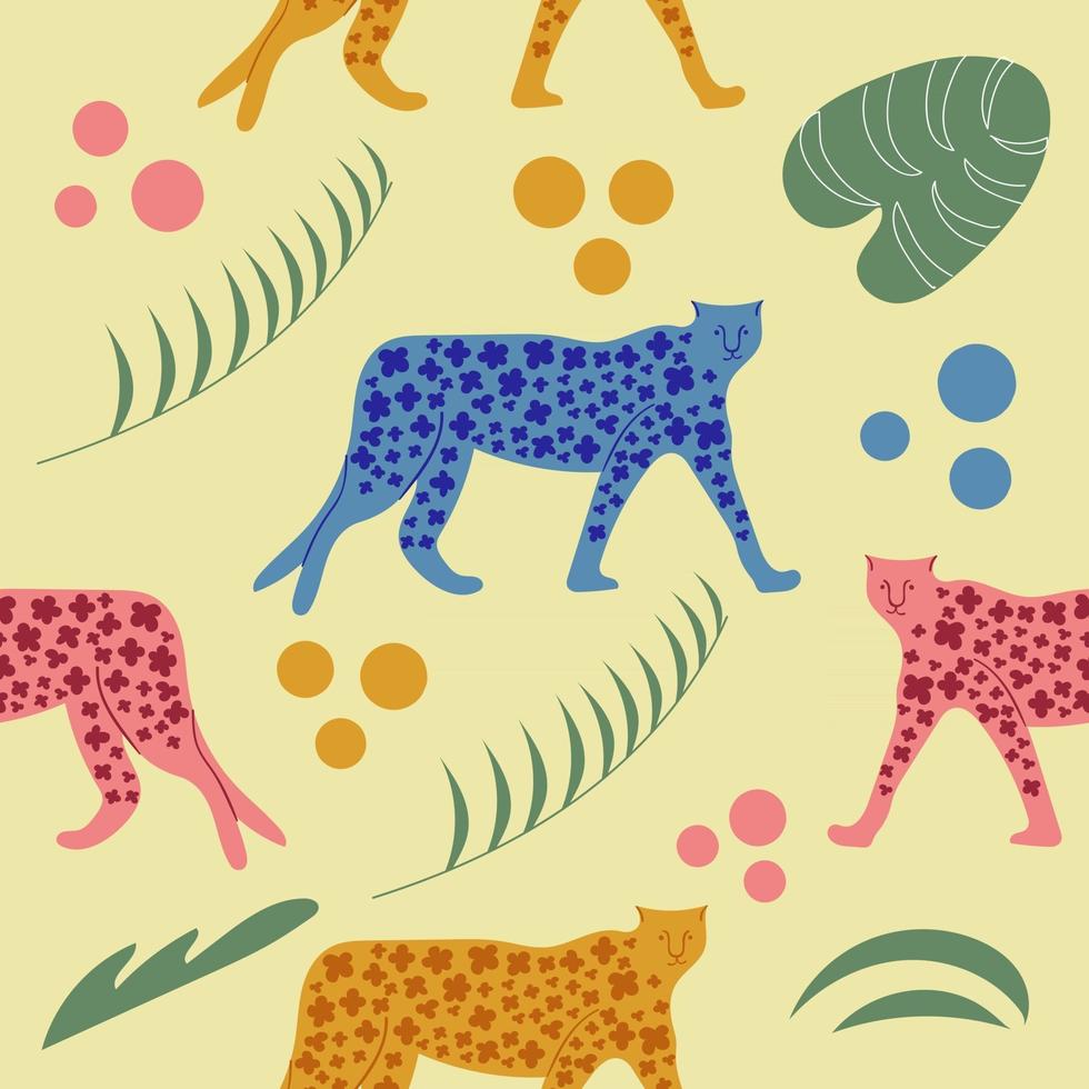 Hand drawn seamless pattern of cheetah and palm leaves. vector