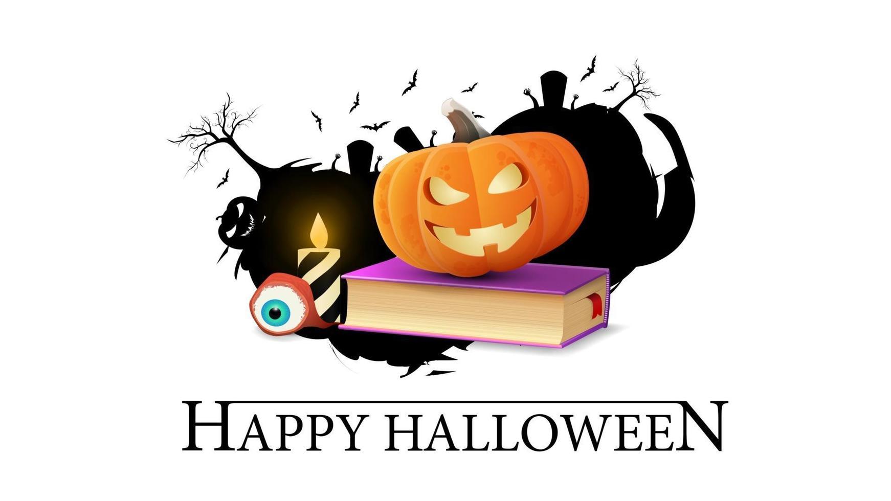 feliz halloween, banner para tu creatividad aislado sobre fondo blanco. logo con silueta de ciudad, libro de hechizos y calabaza jack vector