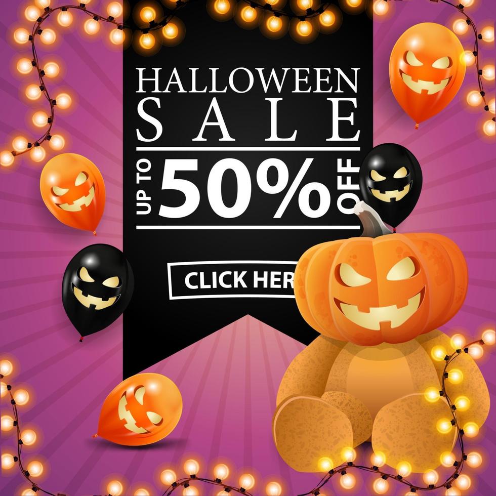 Happy Halloween, trick or treat, square pink greeting postcard with black ribbon,, halloween balloons and Teddy bear with Jack pumpkin head vector