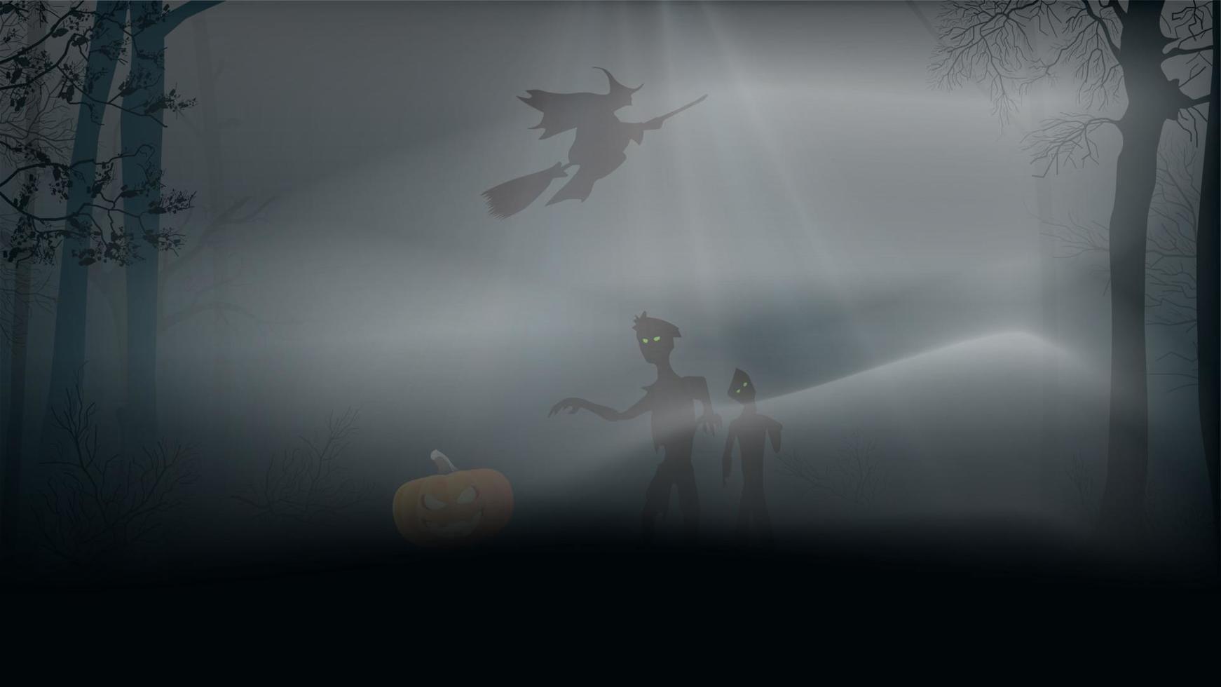 fondo de halloween, bosque brumoso con zombies, calabaza y bruja en una escoba vector