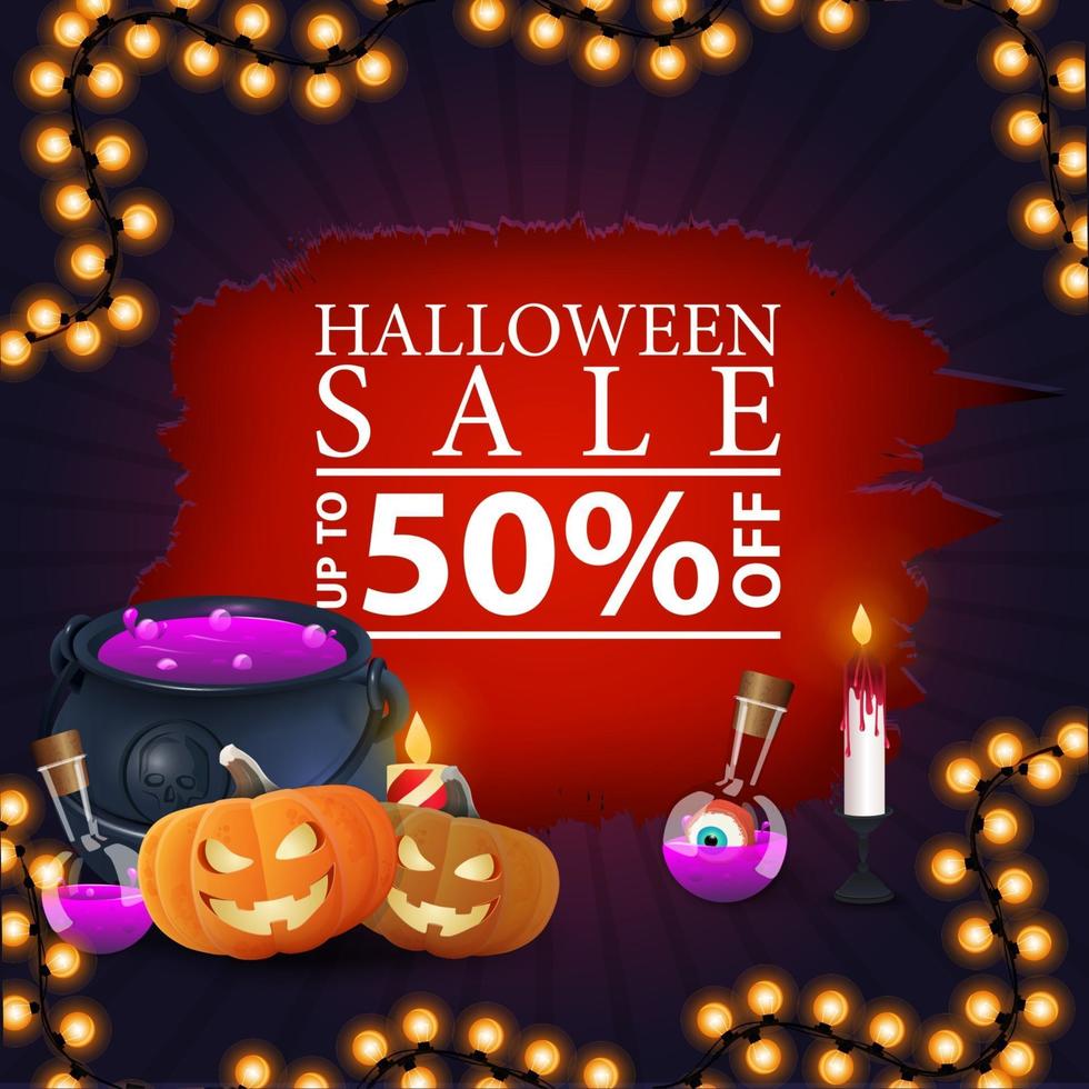 Halloween sale, square purple discount banner with a hole in paper, witch's cauldron and pumpkin Jack. Discount banner with up to 50 off vector