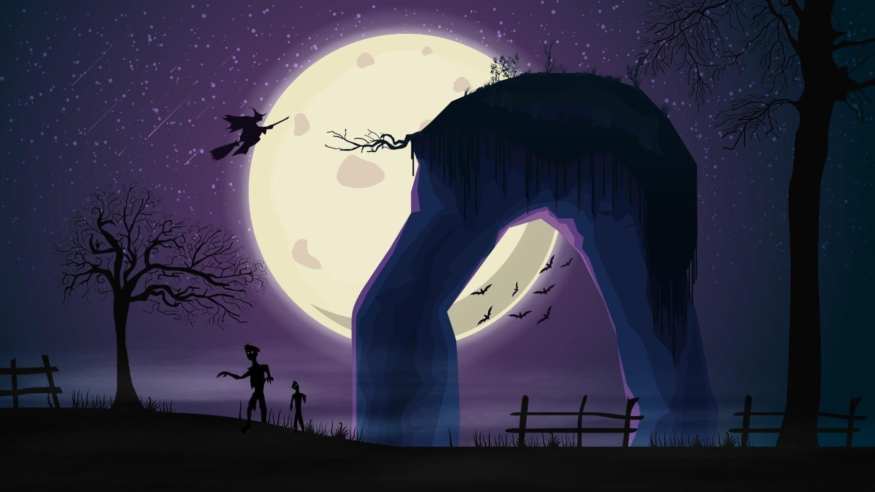 Halloween background, night purple landscape with big full moon, zombie, old trees and witches in the sky vector