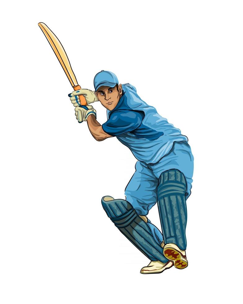 Abstract batsman playing cricket from splash of watercolors, colored