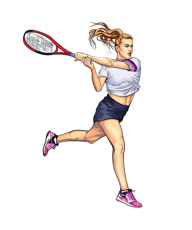 Abstract tennis player with a racket from splash of watercolors, colored drawing, realistic. Vector illustration of paints