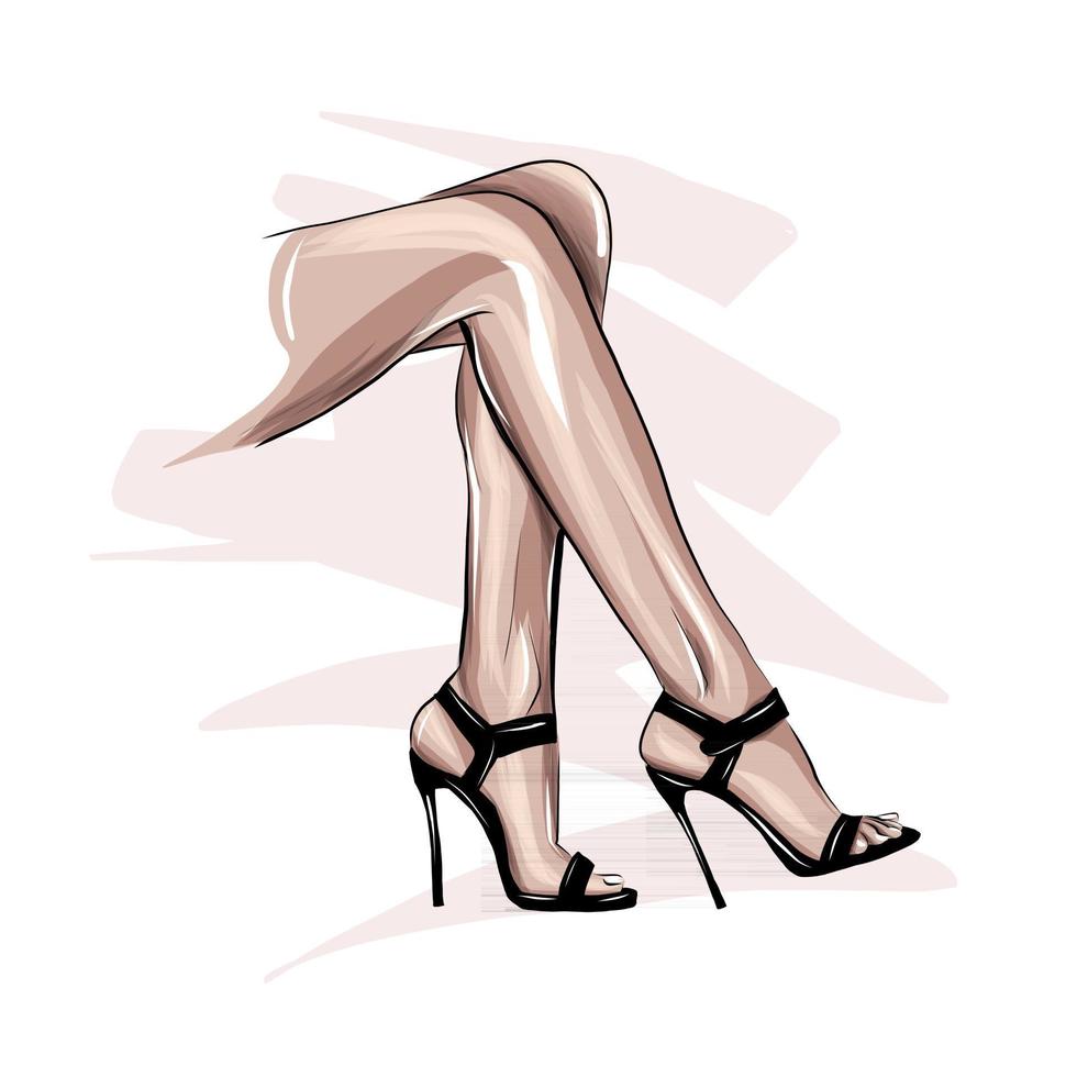 Beautiful female legs. Fashion woman legs in black shoes. Female body parts. Black strappy heels, colored drawing, realistic. Vector illustration of paints