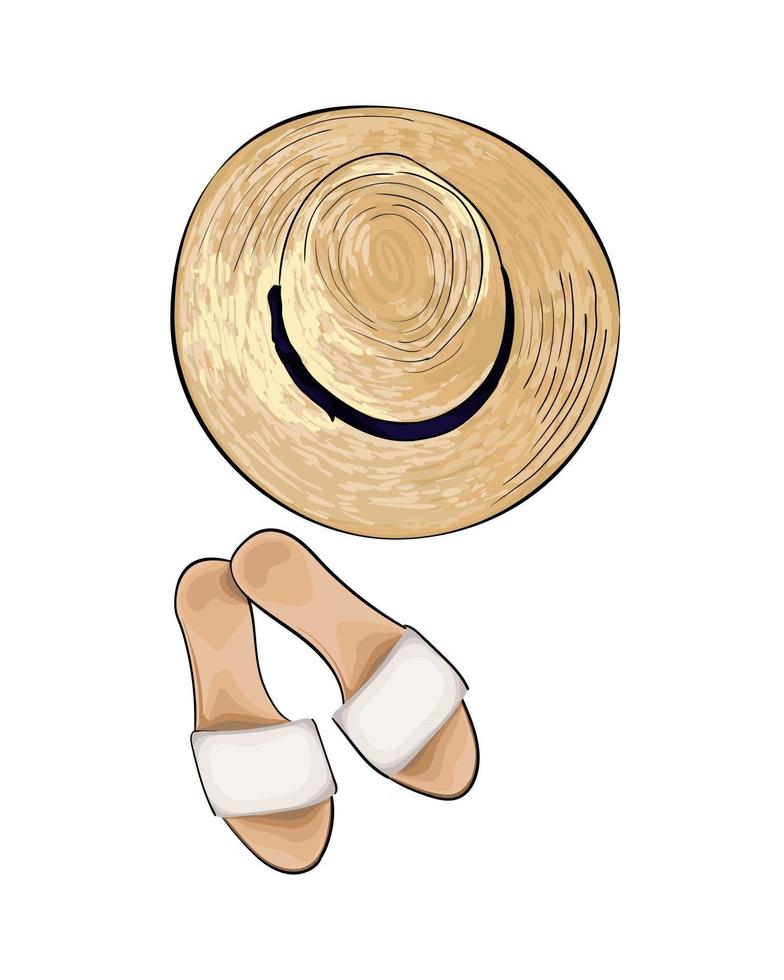 Straw hat and slippers from a splash of watercolor, colored drawing, realistic. Vector illustration of paints