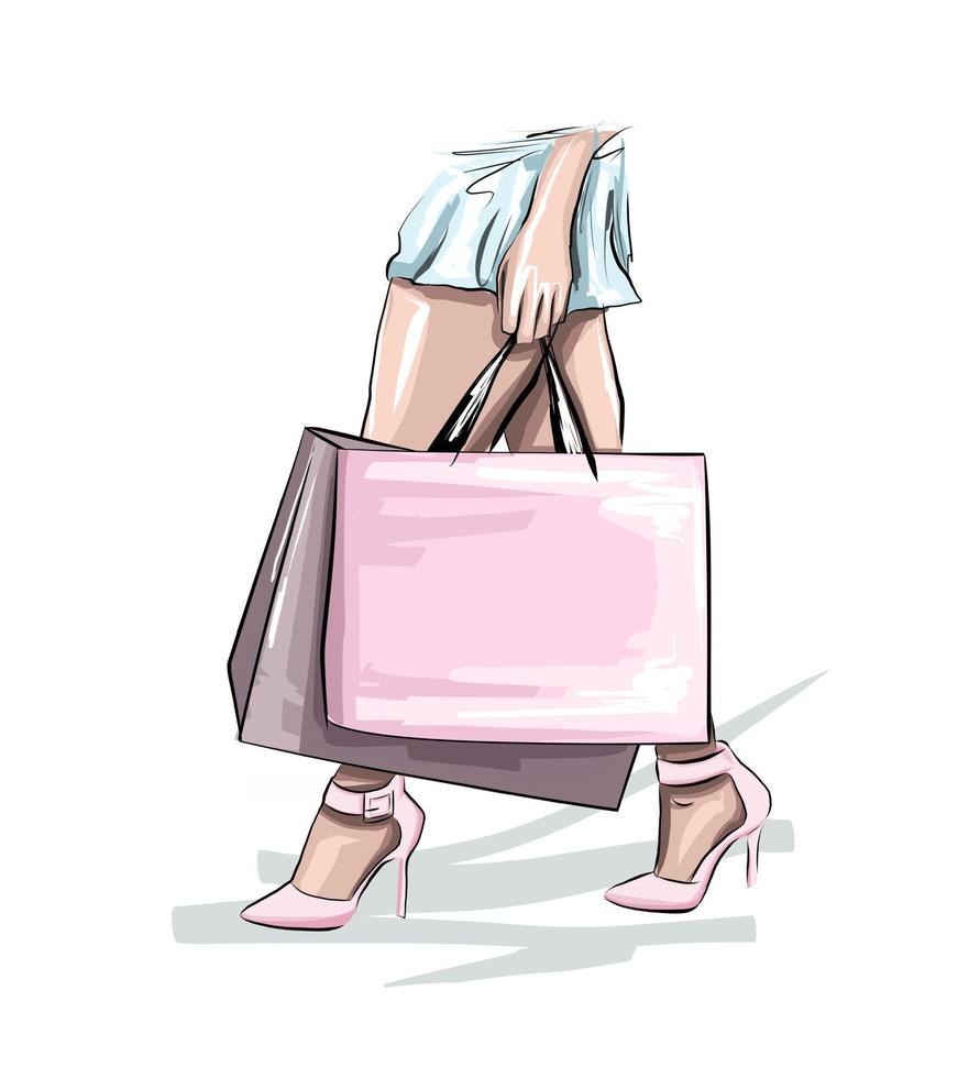 hermosa mujer joven con bolsas de la compra. mujer de moda en falda azul. mujeres en el fondo de la calle, dibujo coloreado, realista. ilustración vectorial de pinturas vector
