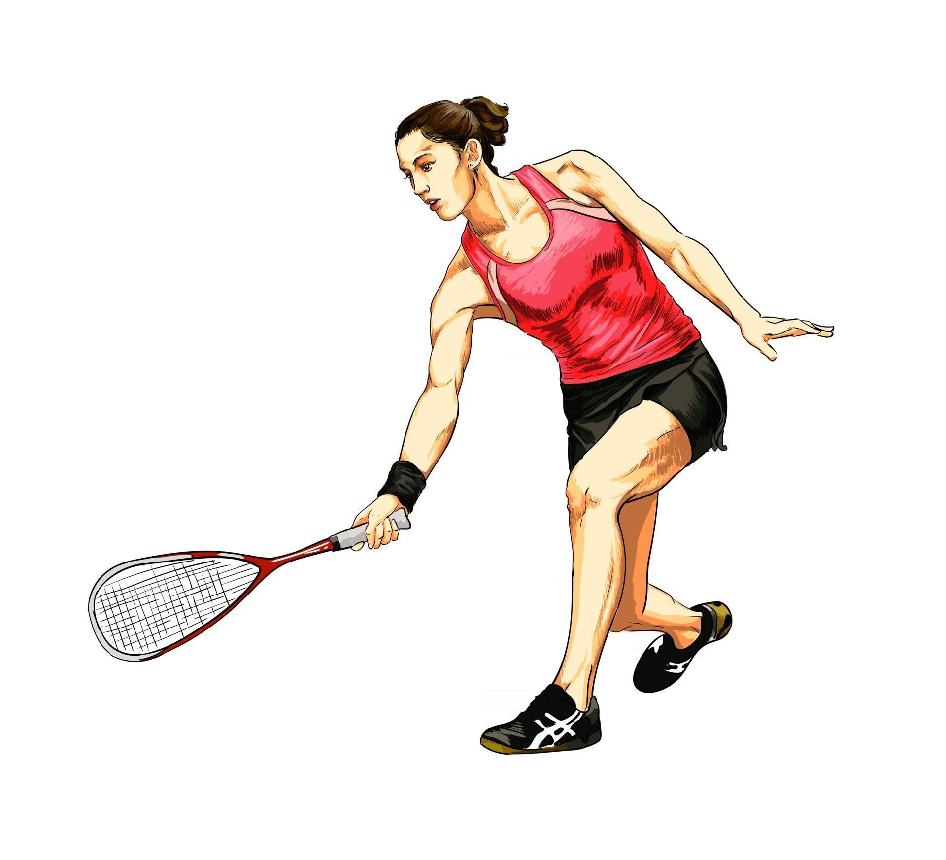 Abstract young woman does an exercise with a racket on her right hand