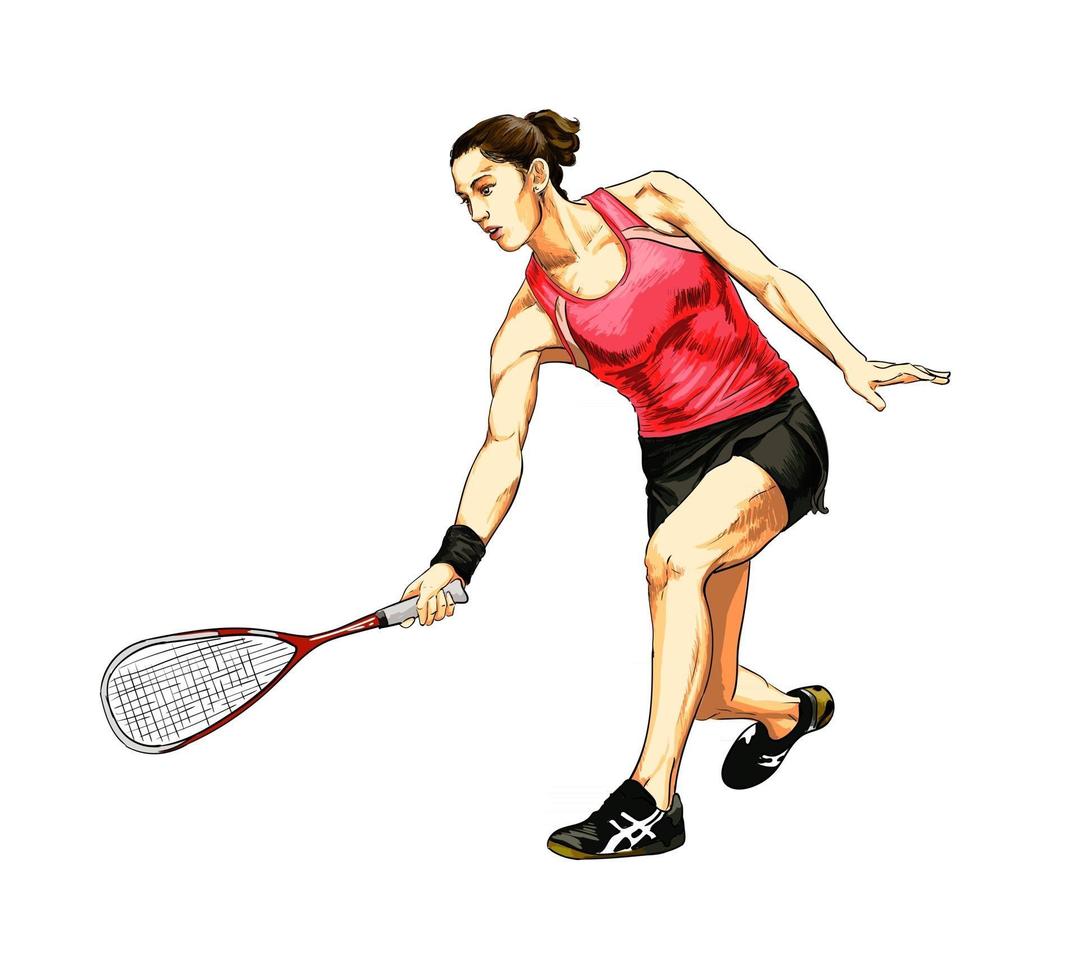 Abstract young woman does an exercise with a racket on her right hand in squash from splash of watercolors. Squash game training. Vector illustration of paints