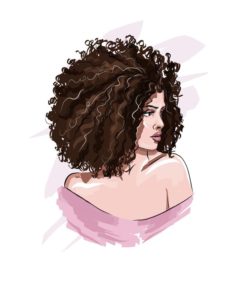 hermosa mujer joven con pelo rizado. elegante chica afroamericana con peinado afro, dibujo coloreado, realista. ilustración vectorial de pinturas vector