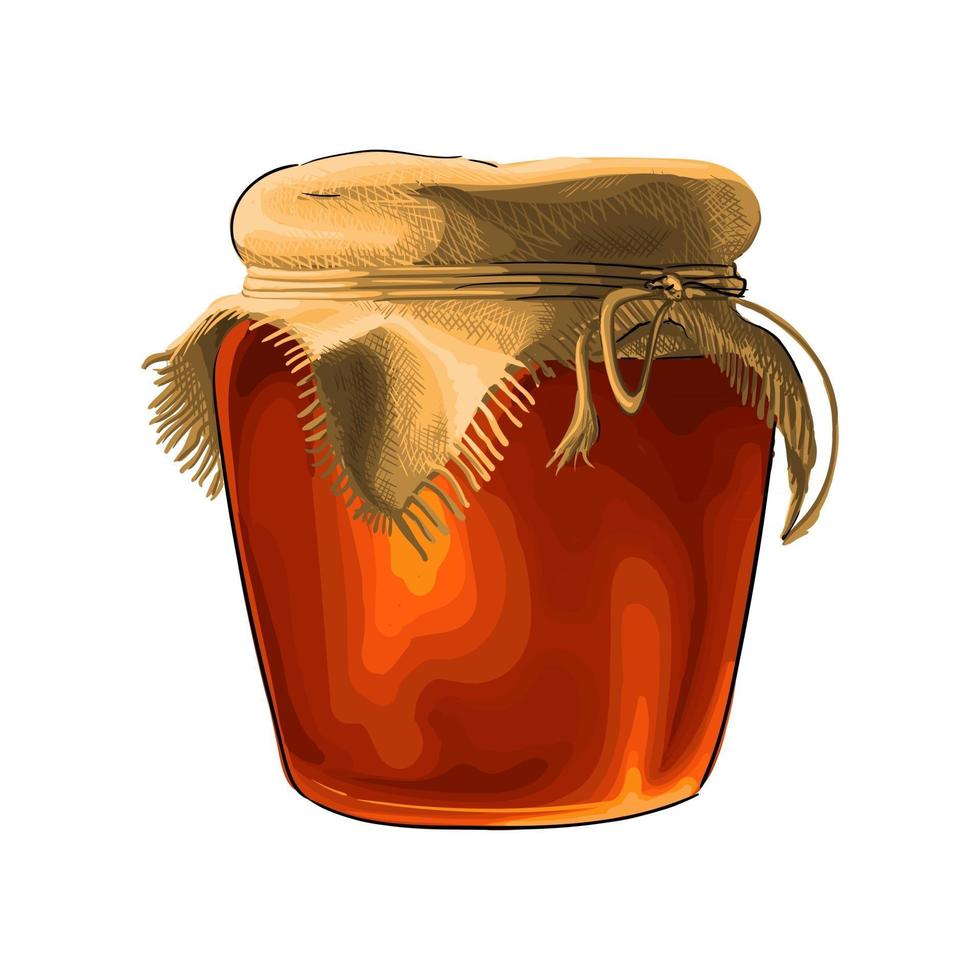 Jar of honey from a splash of watercolor, colored drawing, realistic. Vector illustration of paints