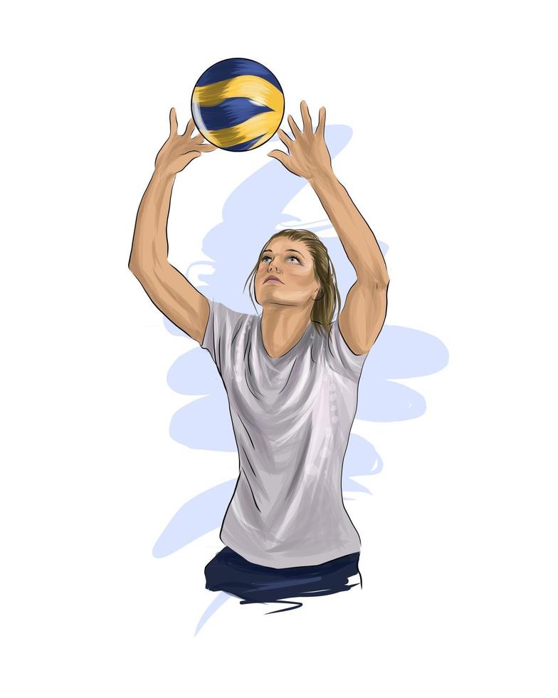 Abstract volleyball player jumping from splash of watercolors, colored drawing, realistic. Vector illustration of paints