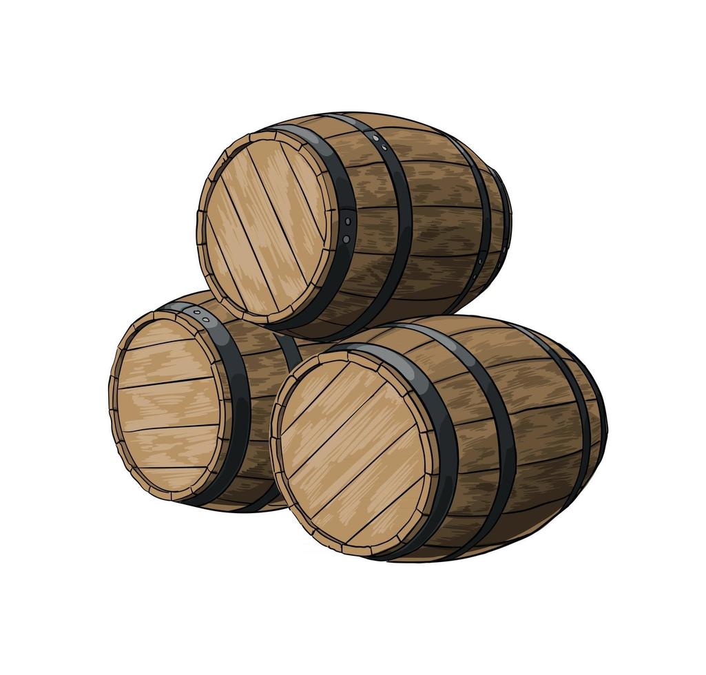 Wooden barrel for wine or other drinks from a splash of watercolor, colored drawing, realistic. Vector illustration of paints