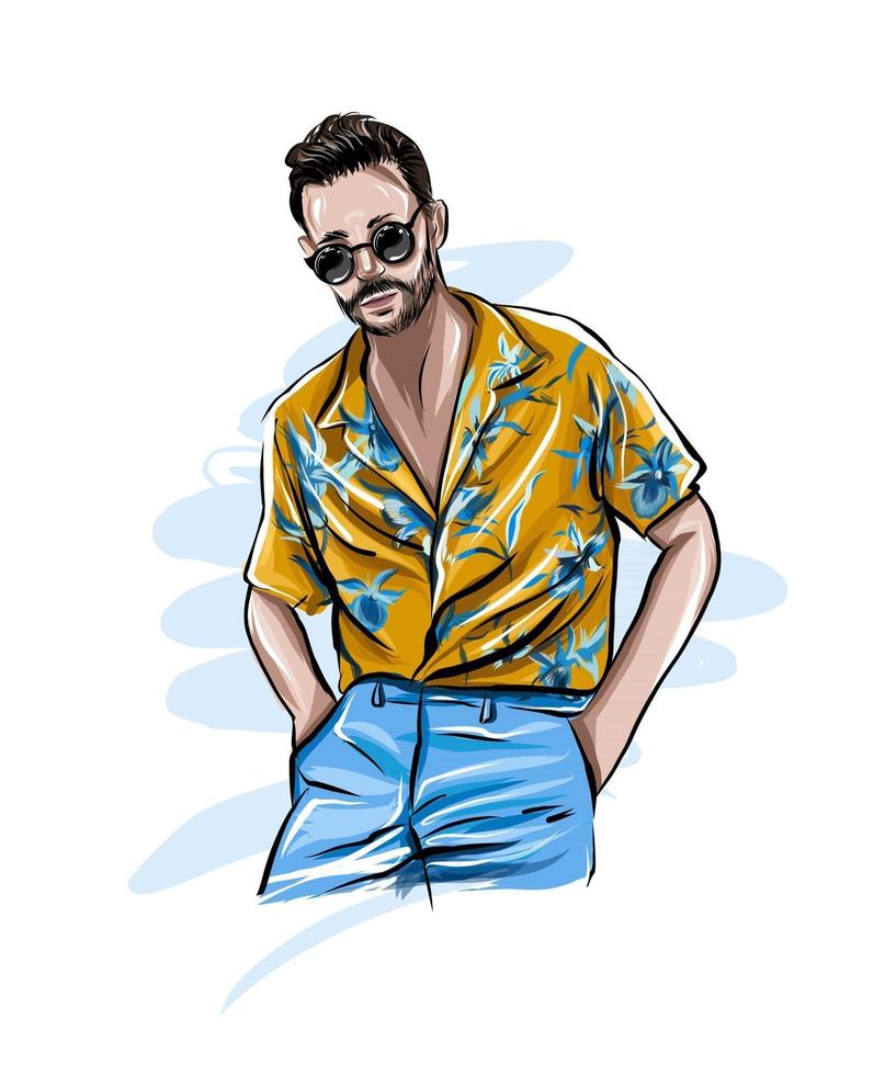 Stylish handsome man in fashion clothes, man in hawaiian shirt, colored drawing, realistic. Vector illustration of paints