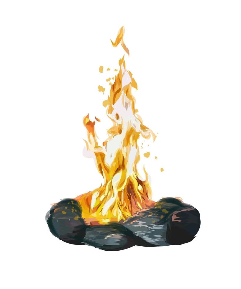 Bonfire surrounded by stones, colored drawing, realistic. Vector illustration of paints