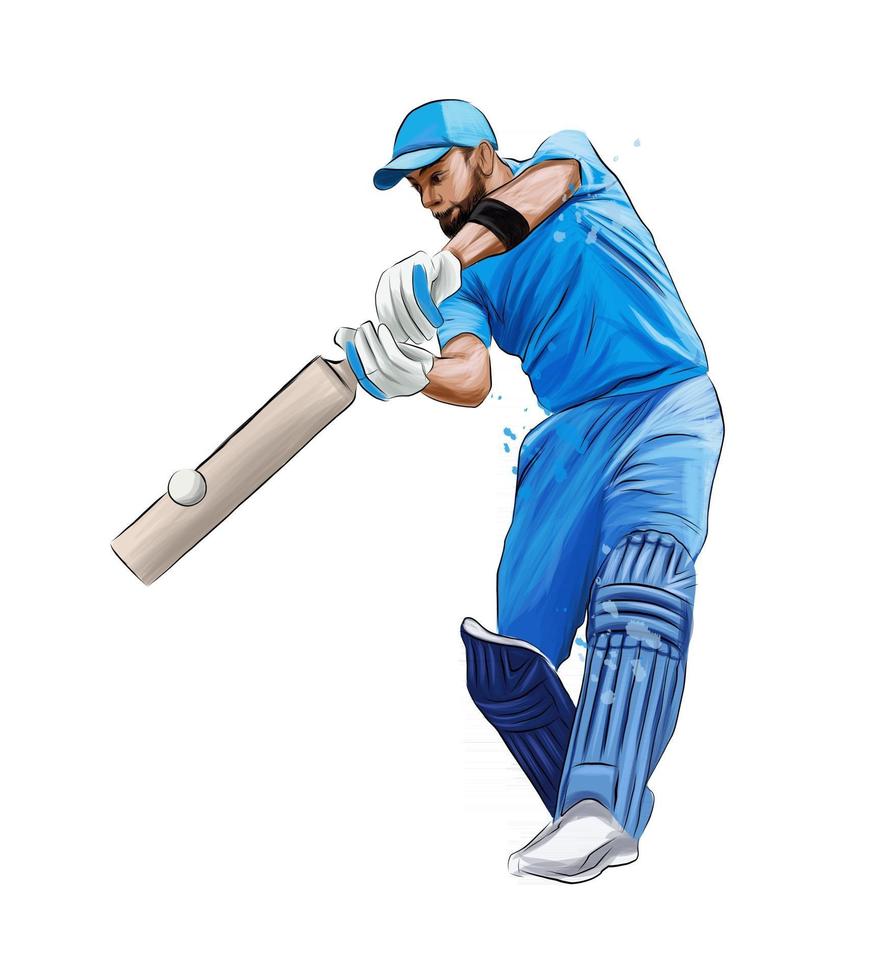 bateador abstracto jugando al cricket de salpicaduras de acuarelas, dibujo coloreado, realista. ilustración vectorial de pinturas vector