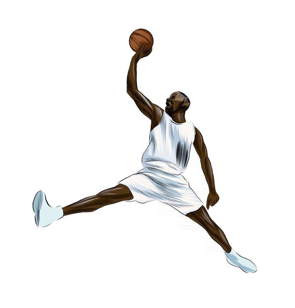 jugador de baloncesto abstracto con bola de salpicaduras de acuarelas, dibujo coloreado, realista. ilustración vectorial de pinturas vector