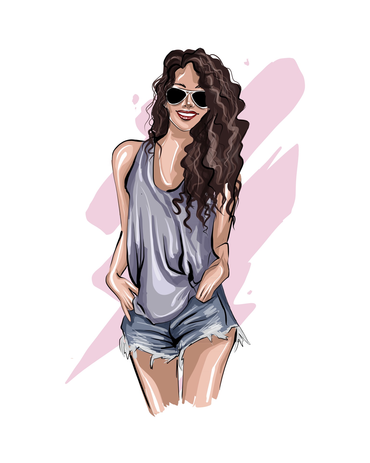Beautiful young woman in sunglasses. Stylish girl with curly hair.  Fashionable feminine look, colored drawing, realistic. Vector illustration  of paints 2756076 Vector Art at Vecteezy