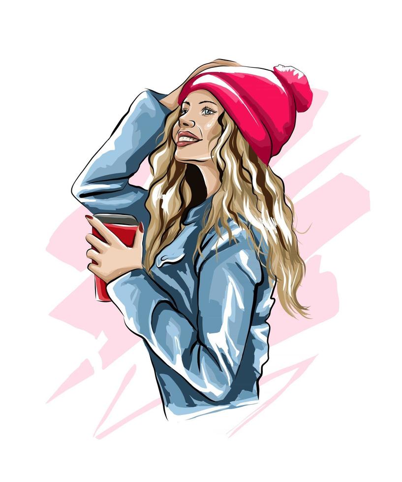 Beautiful young woman with plastic coffee cup in her hand. Stylish girl, colored drawing, realistic. Vector illustration of paints