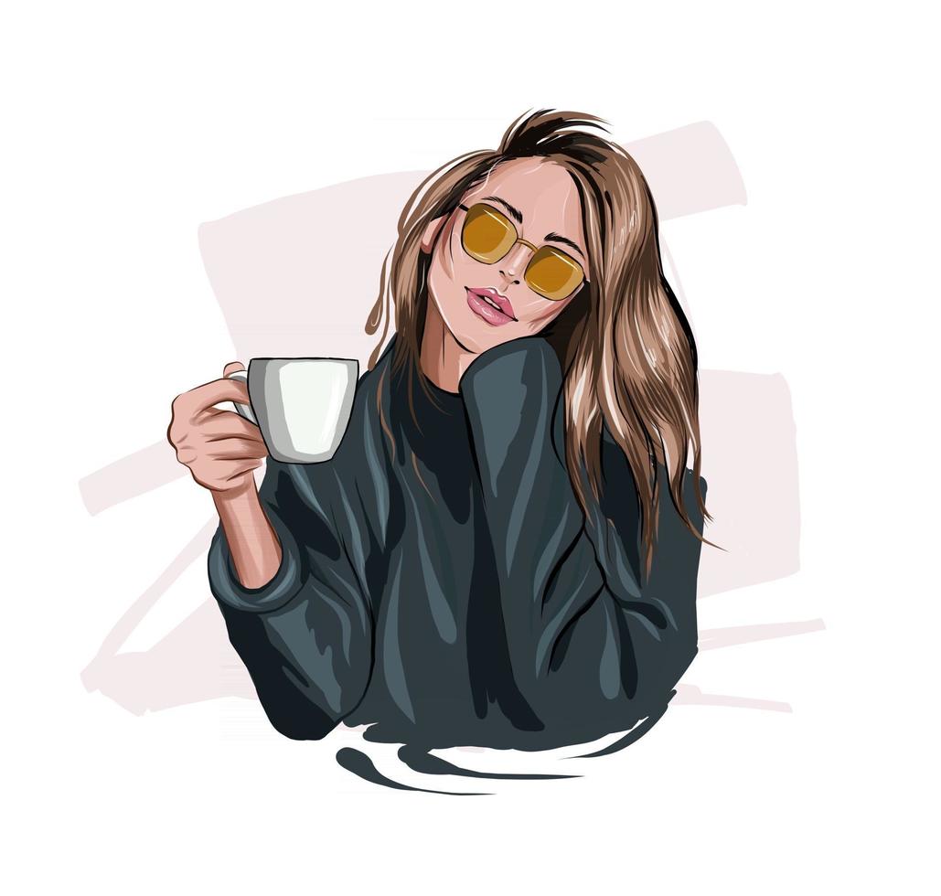 Beautiful young woman with plastic coffee cup in her hand. Stylish girl, colored drawing, realistic. Vector illustration of paints