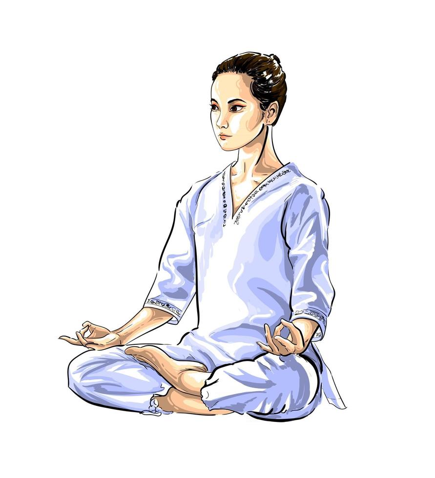 mujer abstracta meditando de salpicaduras de acuarelas. postura de yoga de loto fitness. ilustración vectorial de pinturas vector