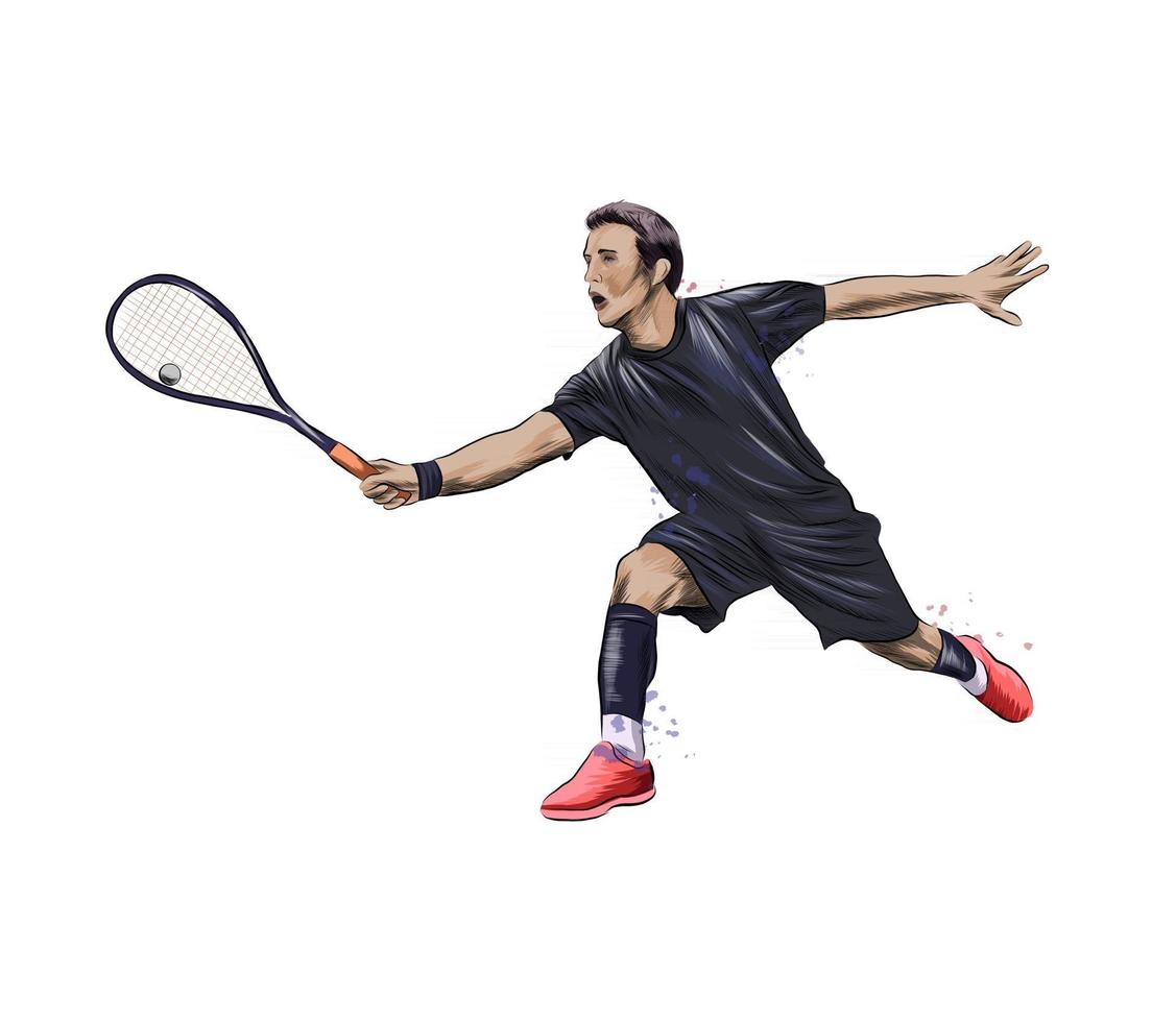 Resumen joven hace un ejercicio con una raqueta en su mano derecha en squash de salpicaduras de acuarelas. entrenamiento de juego de squash. ilustración vectorial de pinturas vector