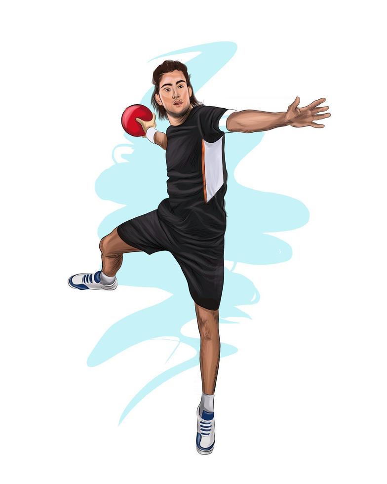 Abstract handball player jumping with the ball from splash of watercolors, colored drawing, realistic. Vector illustration of paints