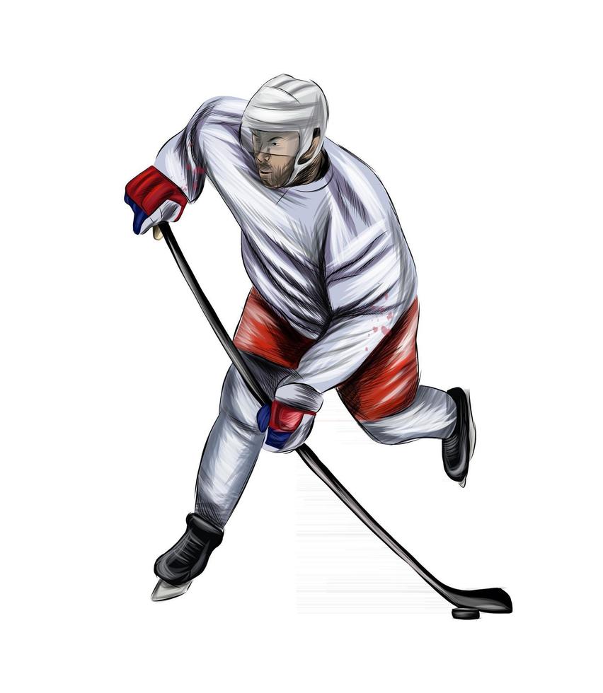 Abstract hockey player from splash of watercolors, colored drawing, realistic. Winter sport. Vector illustration of paints