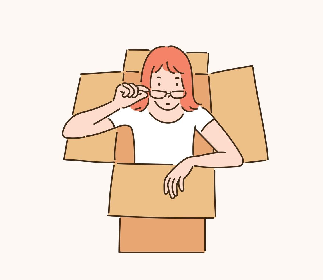 A woman comes out of the box. hand drawn style vector design illustrations.