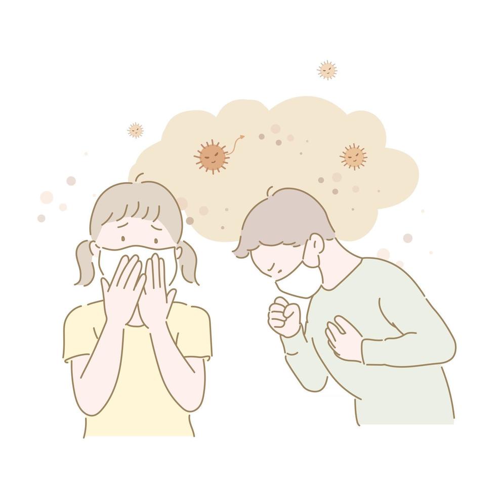 Young children are wearing masks and coughing. hand drawn style vector design illustrations.