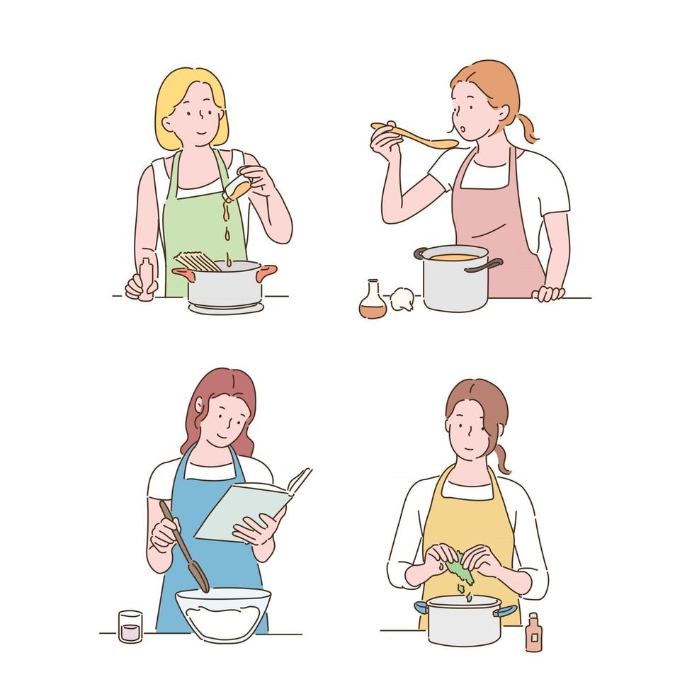 Women in aprons are cooking. hand drawn style vector design illustrations.