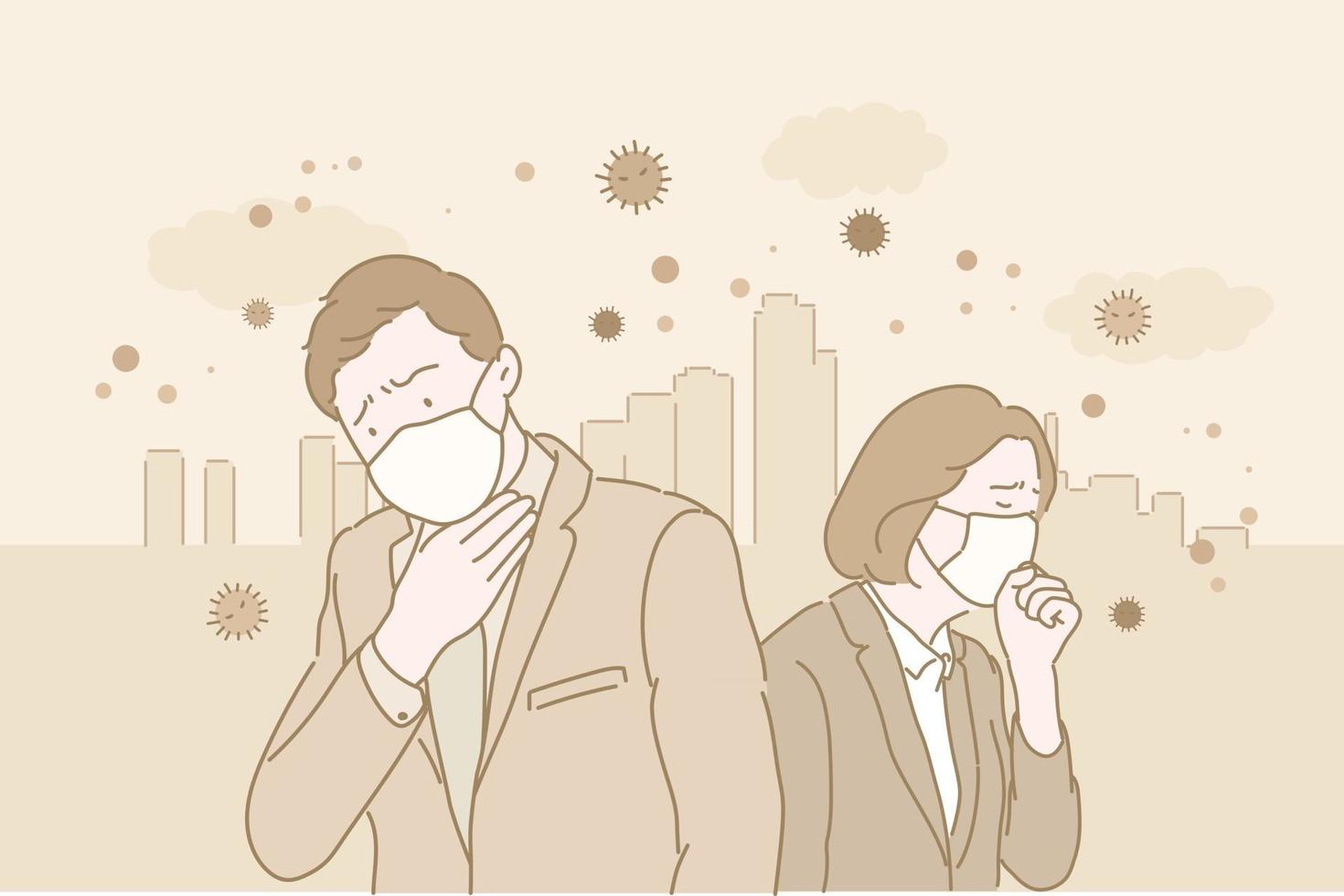 On a fine dusty day, a man and a woman in a city in suits are wearing masks and coughing. hand drawn style vector design illustrations.
