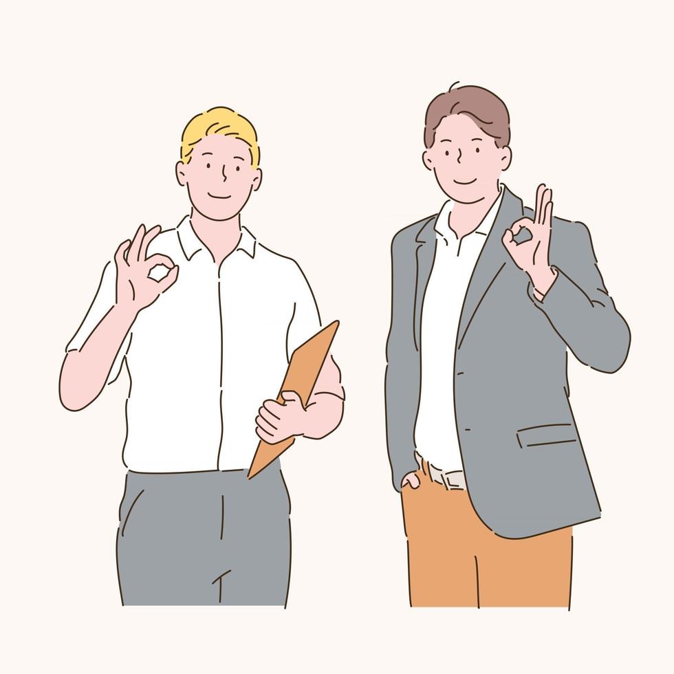 Two businessmen are signing ok. hand drawn style vector design illustrations.
