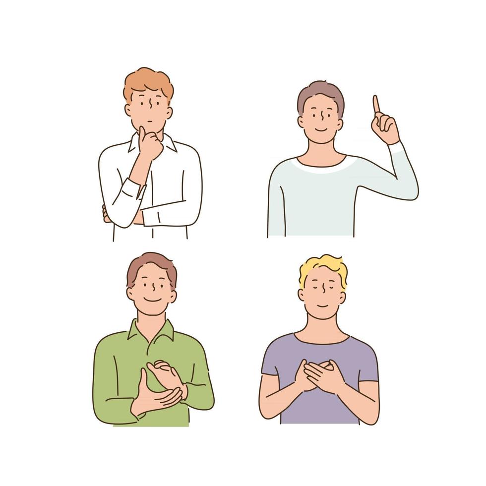 Men doing various hand gestures. hand drawn style vector design illustrations.