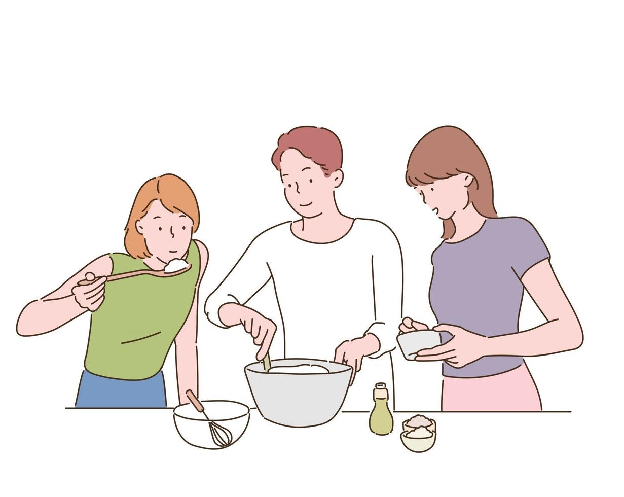 people are cooking together. hand drawn style vector design illustrations.