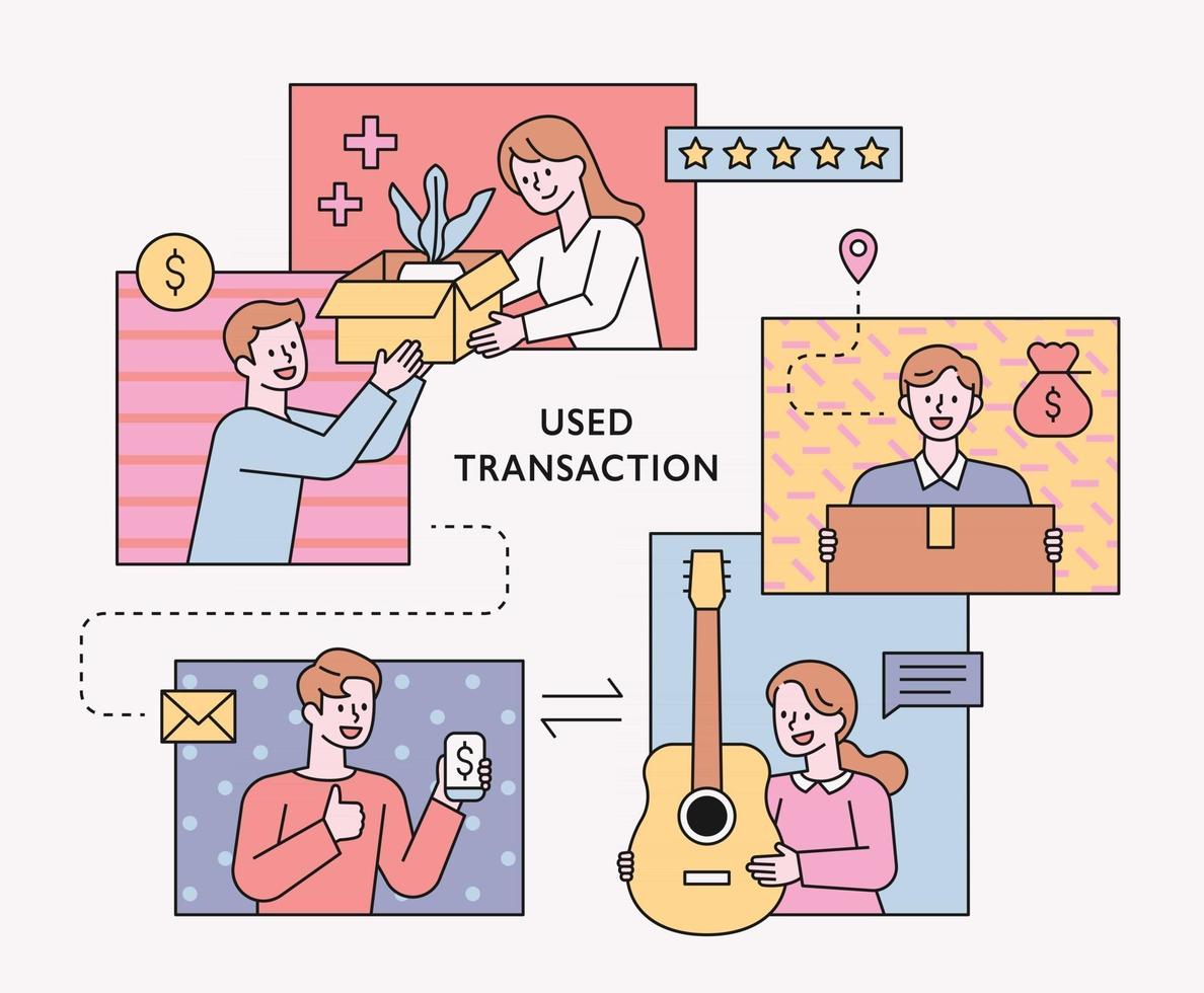 People selling or buying second-hand items online. People on the screen are exchanging goods. flat design style minimal vector illustration.