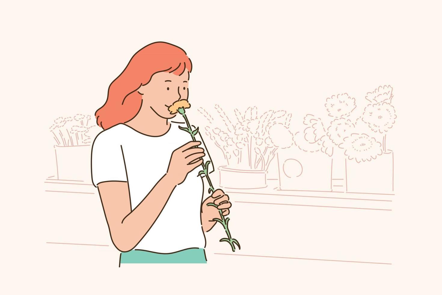 A woman is smelling a flower. hand drawn style vector design illustrations.
