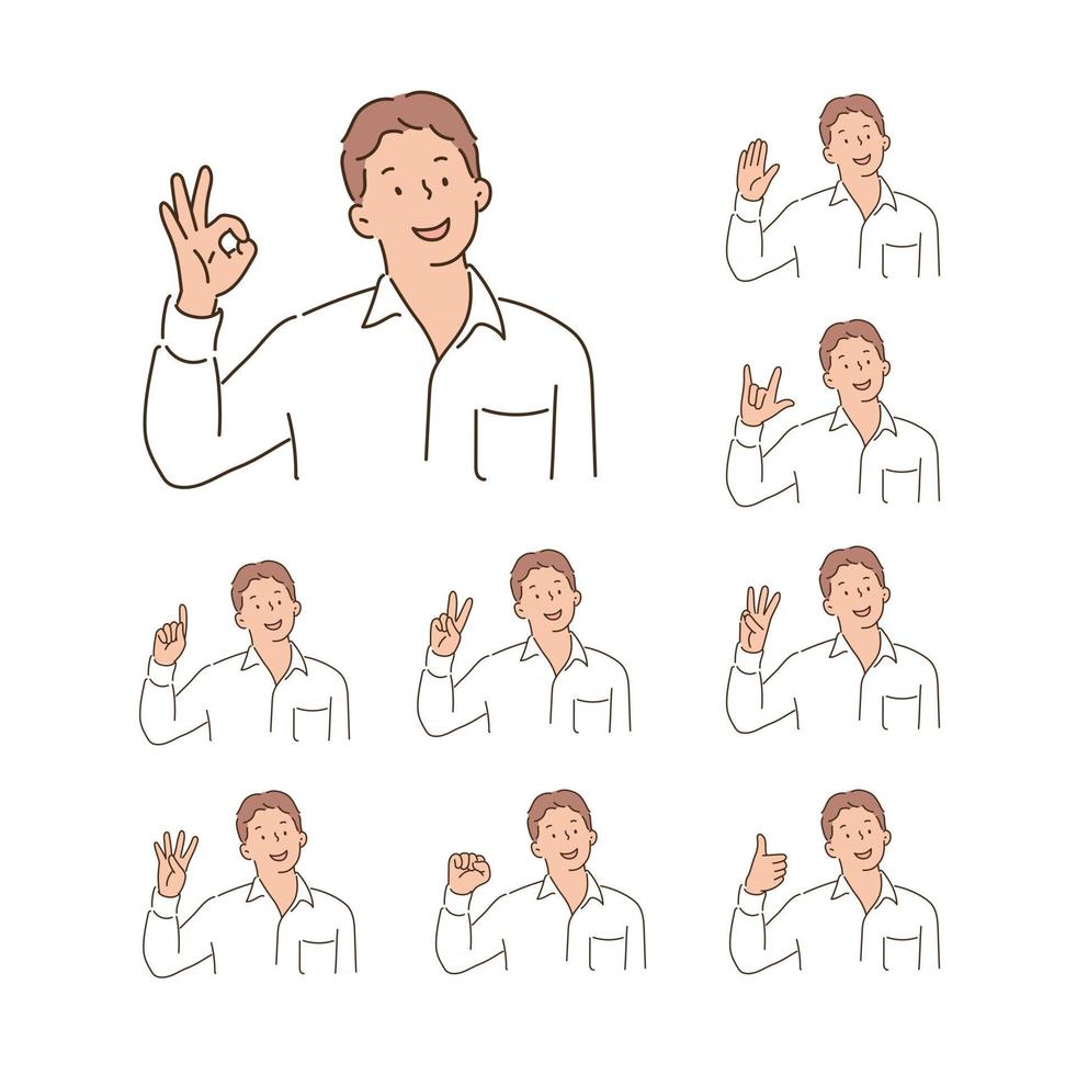 A man in a white shirt is making various signs with his hands. hand drawn style vector design illustrations.