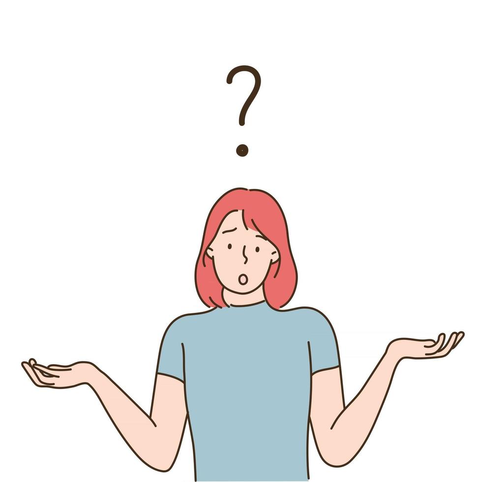 A woman with a question mark floating above her head is making a gesture of raising her shoulders. hand drawn style vector design illustrations.